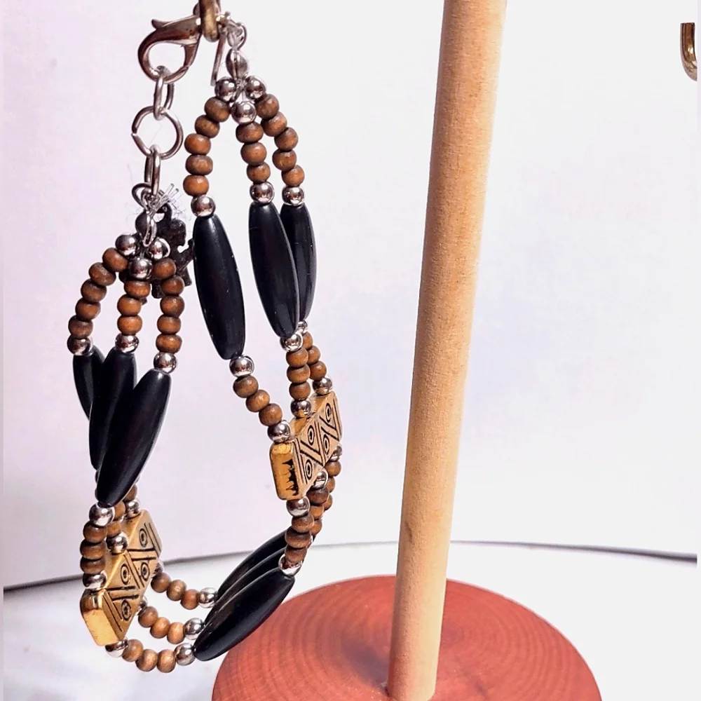 Tri-strand Black Beaded Wooden Beads Antique Gold Bracelet Elephant Charm